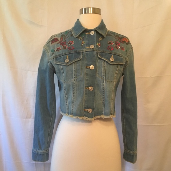 Zara Floral Sequin Cropped Denim Jean Jacket XS - Picture 3 of 8